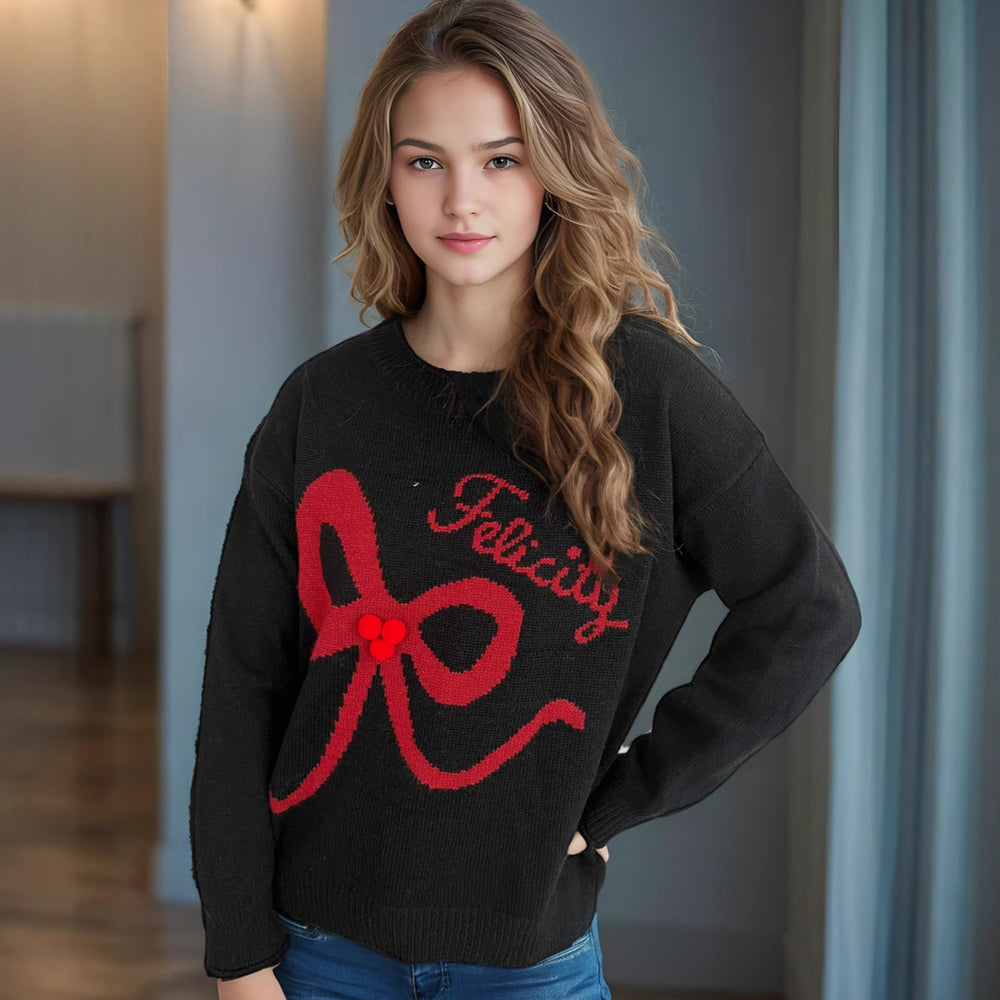 Damen kuscheliger Pullover mit verspielt gestalteter Schleifenapplikation Heidi-Mode