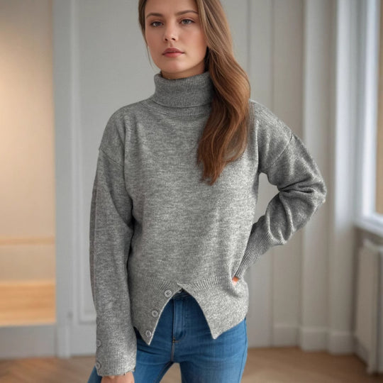Damen modischer Rollkragenpullover mit Knopfdetails und asymmetrischem Saum Heidi-Mode