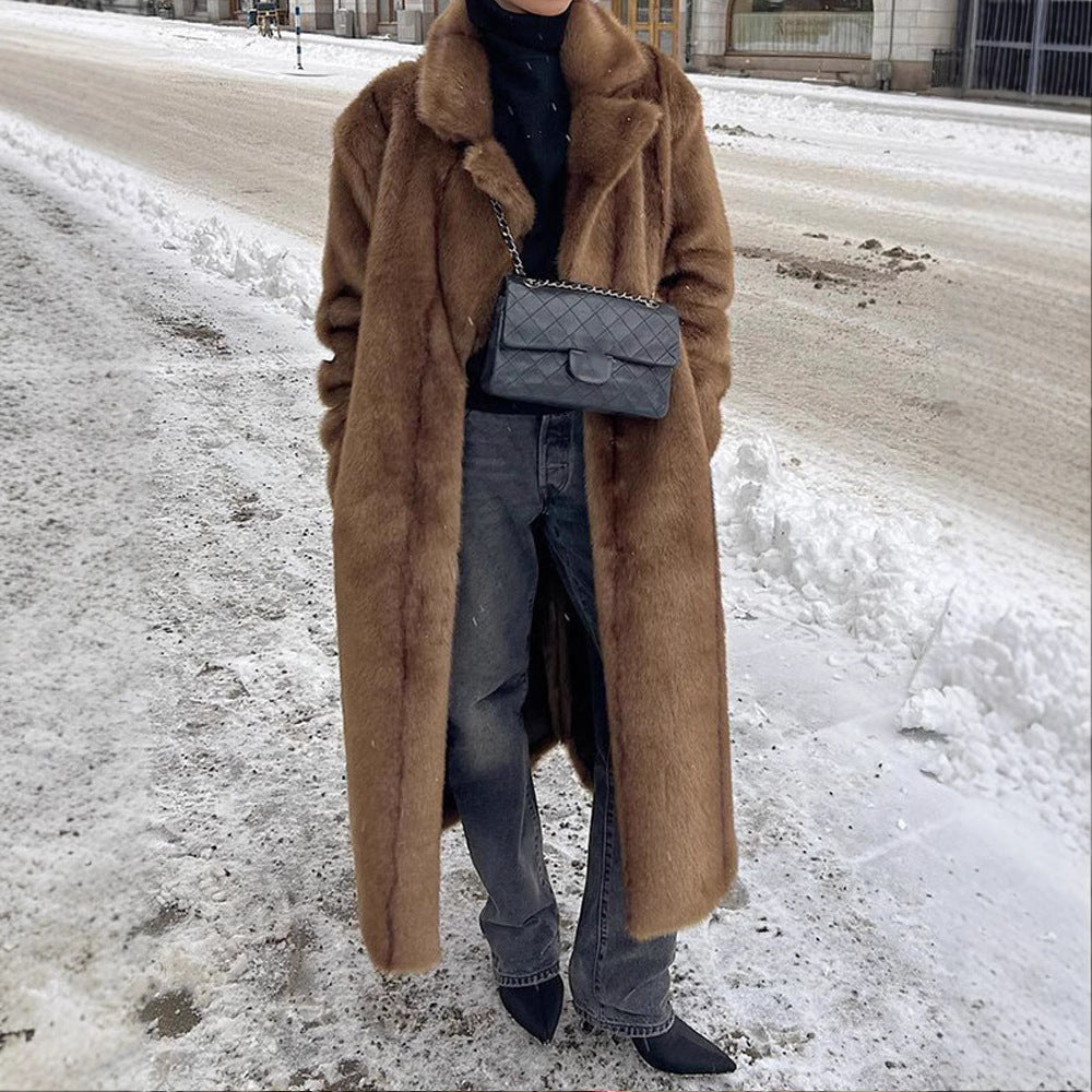 Damen Langer Kunstfellmantel mit breitem Revers und lässigem Schnitt Heidi-Mode
