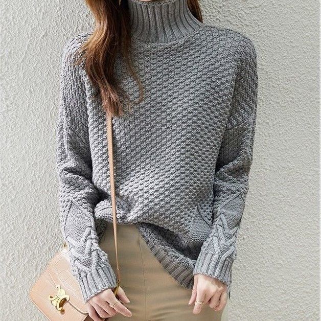 Damen Grobstrickpullover mit hohem Kragen und strukturiertem Design Heidi-Mode