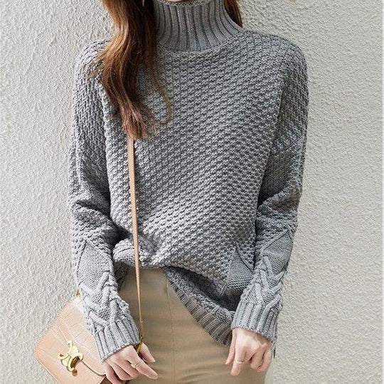 Damen Grobstrickpullover mit hohem Kragen und strukturiertem Design Heidi-Mode