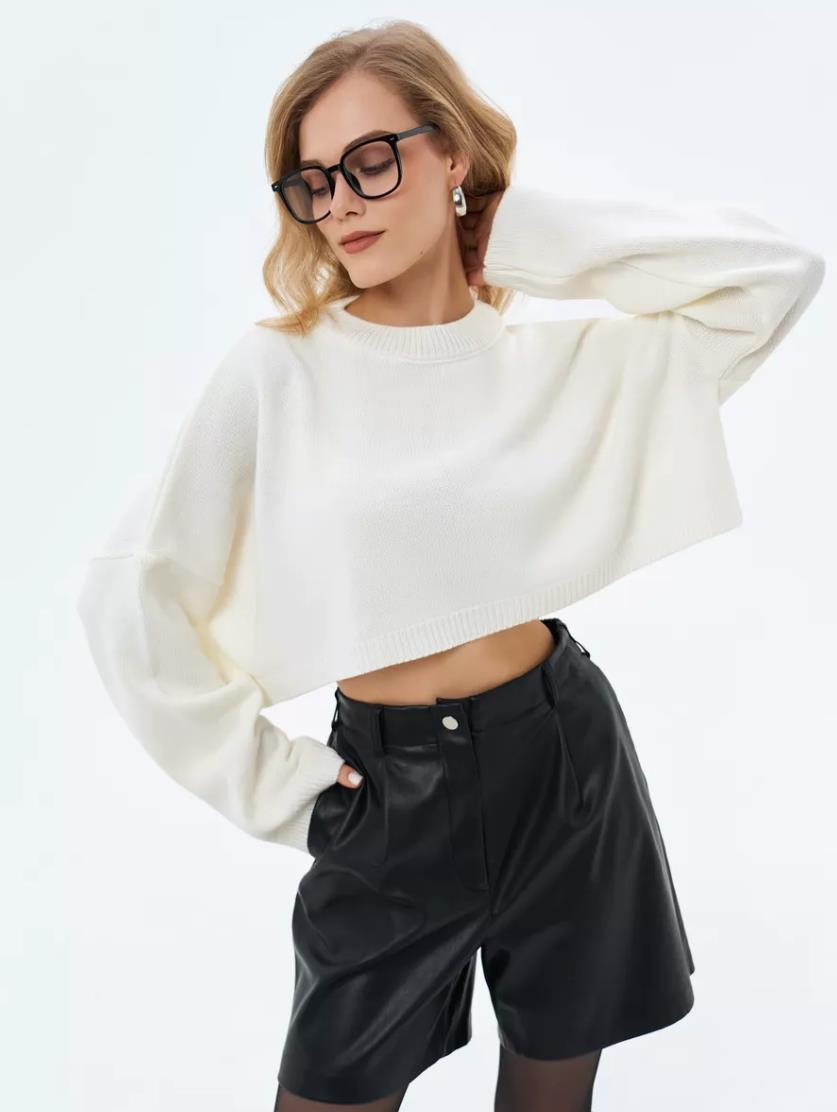Damen Crop-Pullover im lässigen Oversized-Stil mit weiten Ärmeln und strukturiertem Design Heidi-Mode