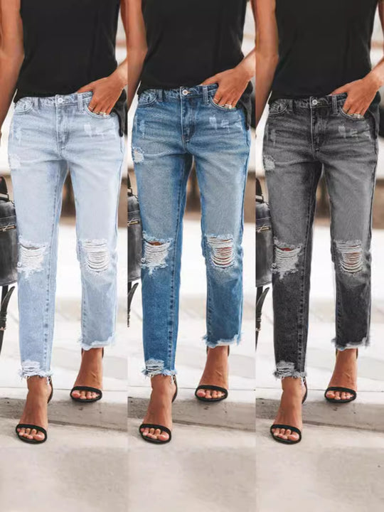 Damen Ripped Denim-Jeans mit lässigem Schnitt und ausgefranstem Saum Heidi-Mode