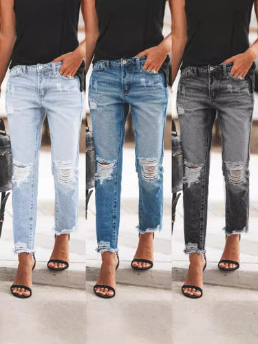 Damen Ripped Denim-Jeans mit lässigem Schnitt und ausgefranstem Saum Heidi-Mode
