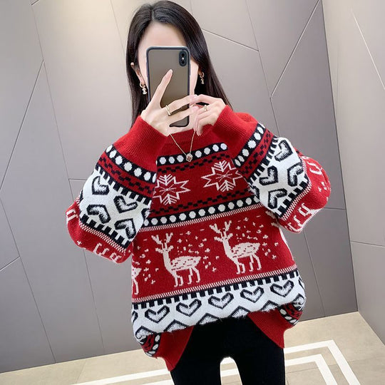 Damen Grobstrickpullover mit festlichem Rentiermotiv und modernem Design Heidi-Mode