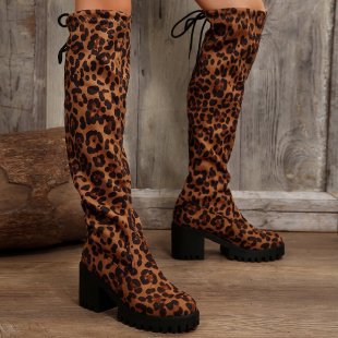 Damen Überknee-Stiefel mit modischem Leopardenmuster und robustem Blockabsatz Heidi-Mode