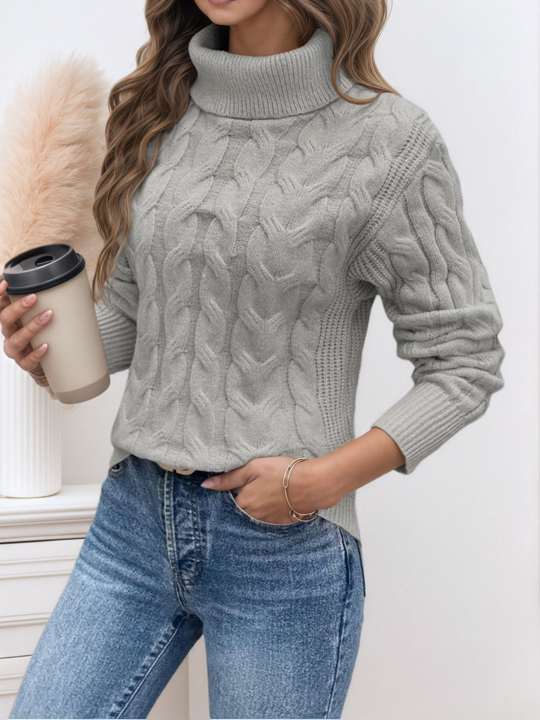 Damen Strickpullover mit hohem Kragen und Zopfmuster Heidi-Mode