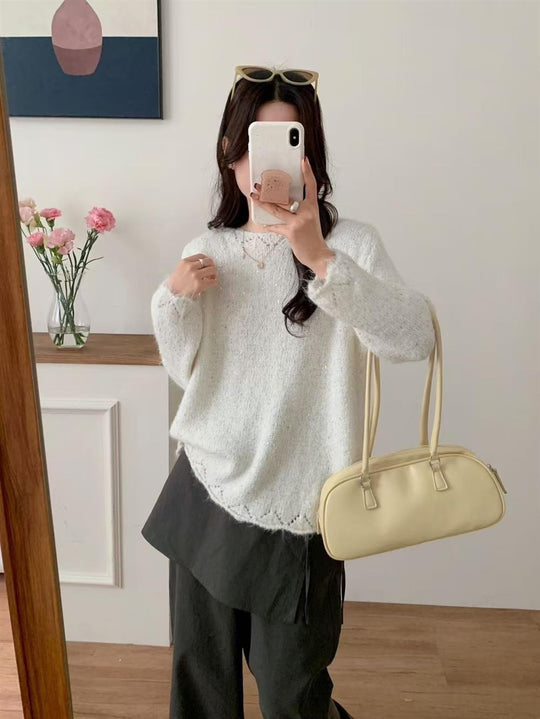 Damen Flauschiger Strickpullover mit glänzenden Akzenten und lockerem Schnitt Heidi-Mode