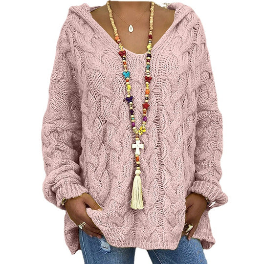 Damen Hoody aus Grobstrick mit V-Ausschnitt und dekorativem Kordelzug Heidi-Mode