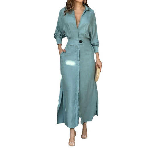 Damen Maxikleid aus leichtem Leinen mit eleganter Knopfleiste und praktischen Seitenschlitzen Heidi-Mode
