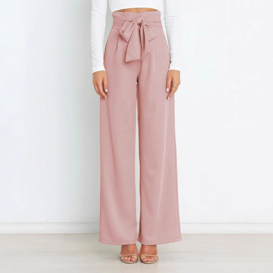 Damen Weit geschnittene High-Waist-Hose mit Binde-Gürtel und Taschen Heidi-Mode