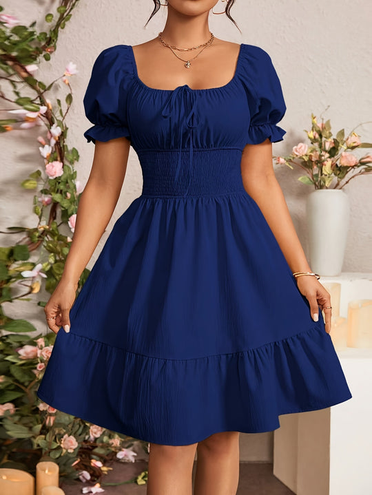 Damen Puffärmel Kleid mit elastischem Tailleneinsatz und Rüschensaum Heidi-Mode