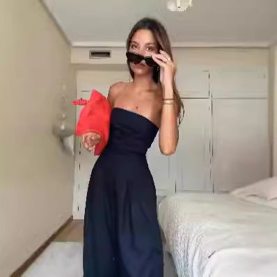 Damen trägerloser Jumpsuit mit weitem Bein und seitlichen Taschen Heidi-Mode