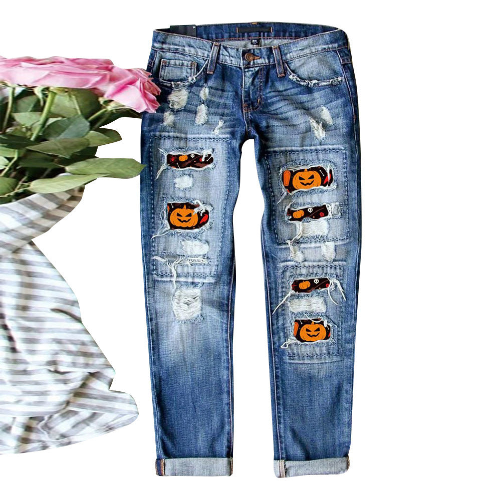Damen Destroyed Jeans mit einzigartigen Halloween-Designs Heidi-Mode