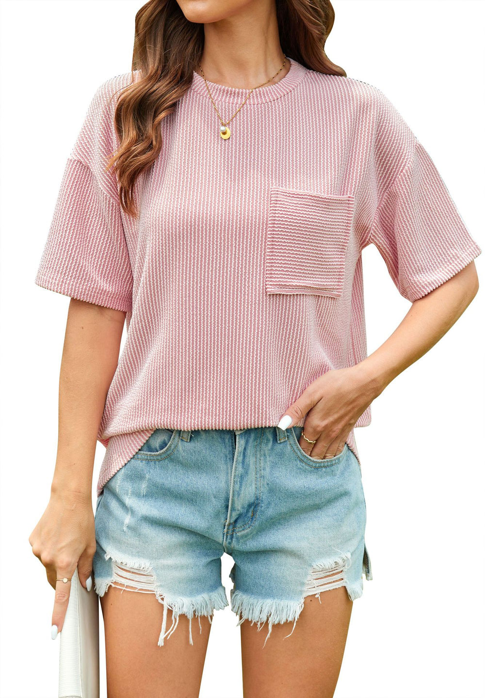 Damen lässiges T-Shirt mit strukturierter Textur und praktischer Brusttasche Heidi-Mode