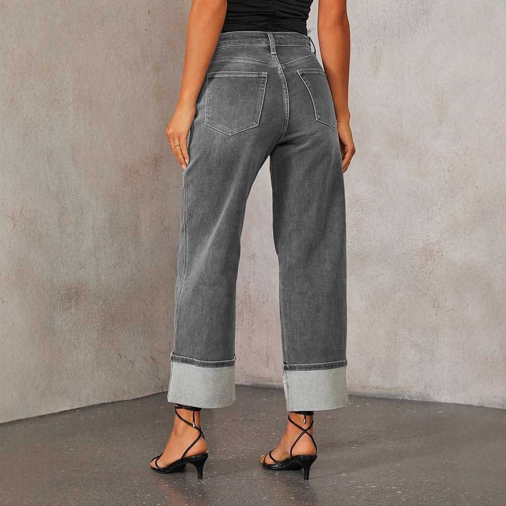 Damen Weit geschnittene Jeans mit moderner Säumenprägung Heidi-Mode
