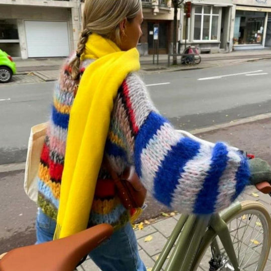 Damen Grobstrickpullover mit buntem Zopfmuster und weitem Schnitt Heidi-Mode
