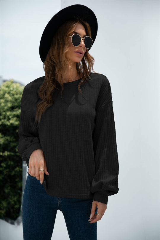 Damen lässiger Pullover mit Rippstruktur und Ballonärmeln Heidi-Mode