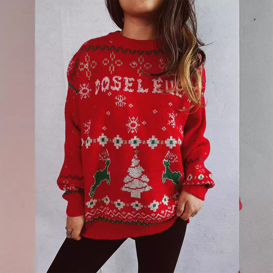 Damen Weihnachts-Pullover mit festlichem Motiv und Rundhalsausschnitt Heidi-Mode