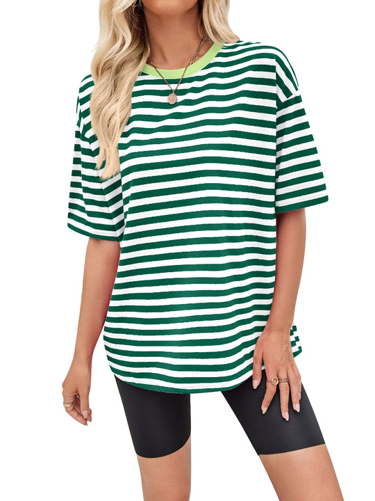Damen gestreiftes Oversize T-Shirt mit Rundhalsausschnitt und Kontrastdetails Heidi-Mode