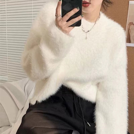 Damen Flauschiger Pullover mit lässigem Schnitt und hohem Rundhalsausschnitt Heidi-Mode