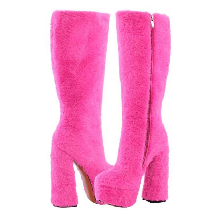Damen Über-Knie Schuhe mit Pelzbesatz und Plattform Heidi-Mode
