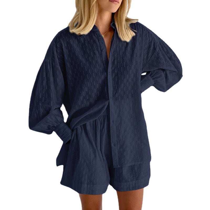 Damen lässiges Hemd-Shorts-Set mit elegantem Webmuster Heidi-Mode