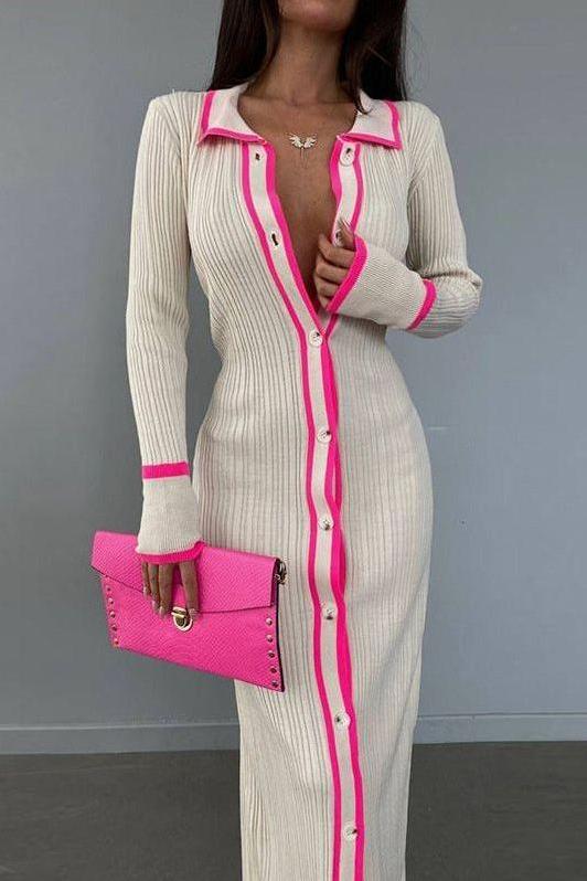 Heidi-Mode | Slim Revers Lang Strickjacke Kleid