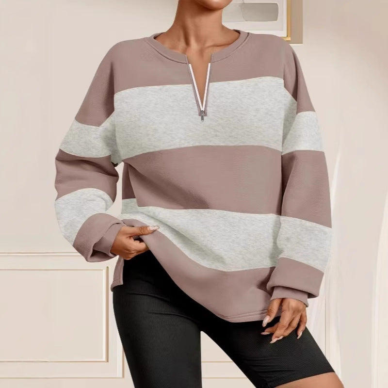 Damen Langarm Sweatshirt mit modernem Reißverschluss und gestreiftem Design Heidi-Mode