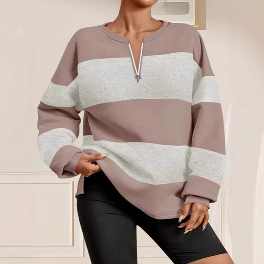 Damen Langarm Sweatshirt mit modernem Reißverschluss und gestreiftem Design Heidi-Mode