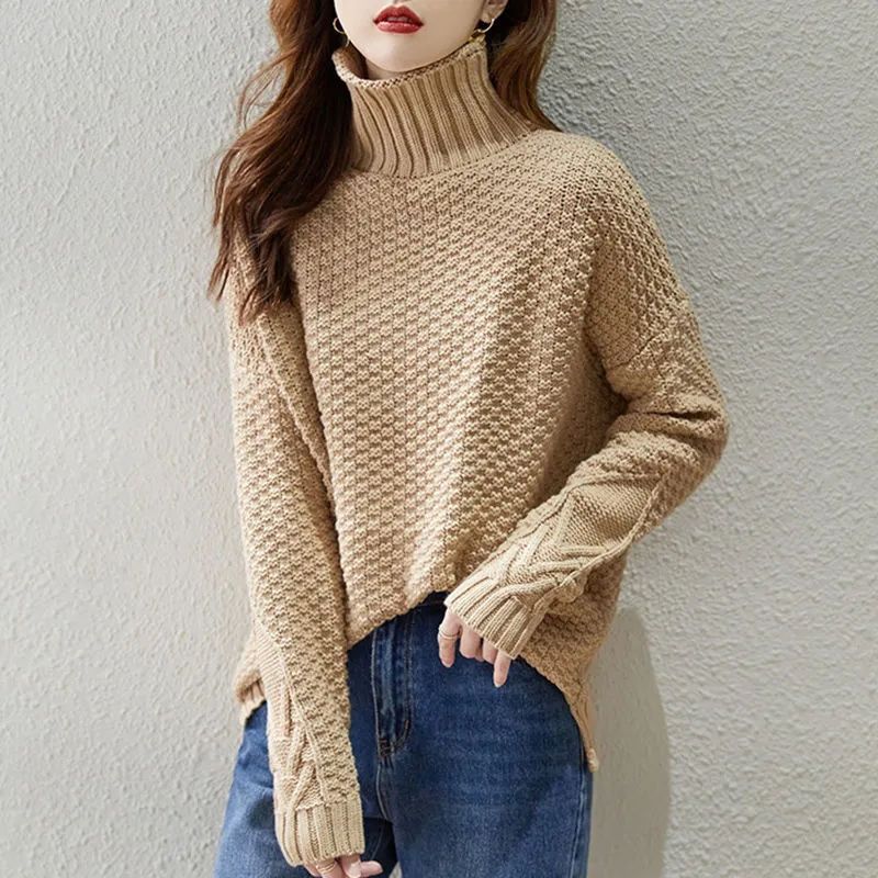 Damen Grobstrickpullover mit hohem Kragen und strukturiertem Design Heidi-Mode