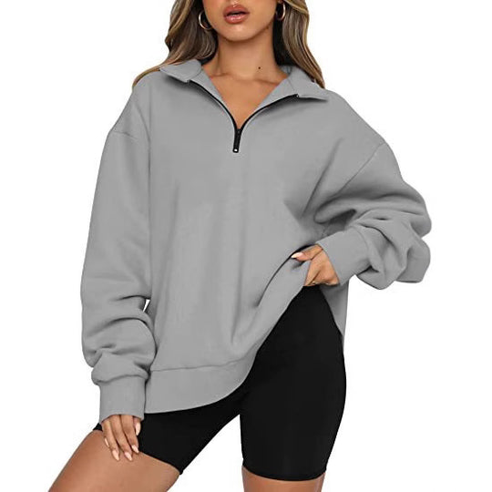 Damen modischer Oversized Pullover mit kurzem Reißverschluss und lässigen Ärmeln Heidi-Mode