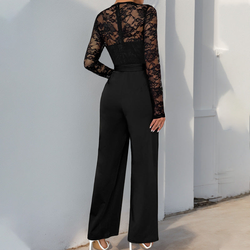 Damen Eleganter Jumpsuit mit Spitzenoberteil und tailliertem Bund Heidi-Mode