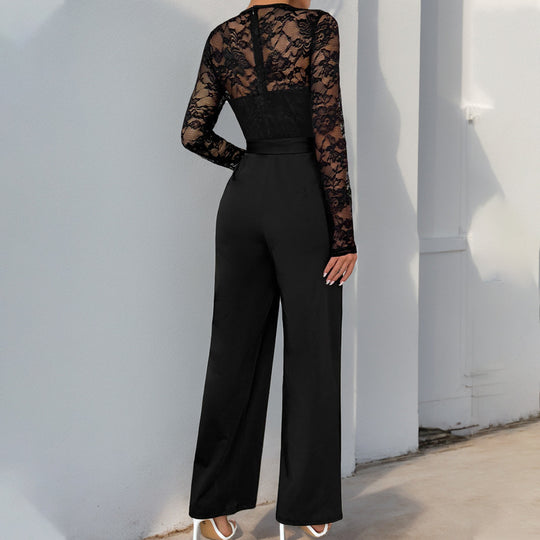 Damen Eleganter Jumpsuit mit Spitzenoberteil und tailliertem Bund Heidi-Mode