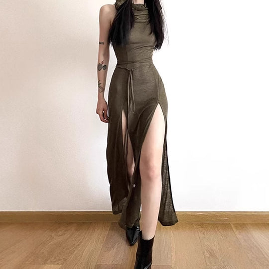 Damen Elegantes Maxikleid mit hohem Schlitz und Kapuze Heidi-Mode