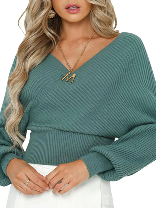 Damen lässiger V-Ausschnitt Pulli mit breiten Ärmeln und Rippstruktur Heidi-Mode