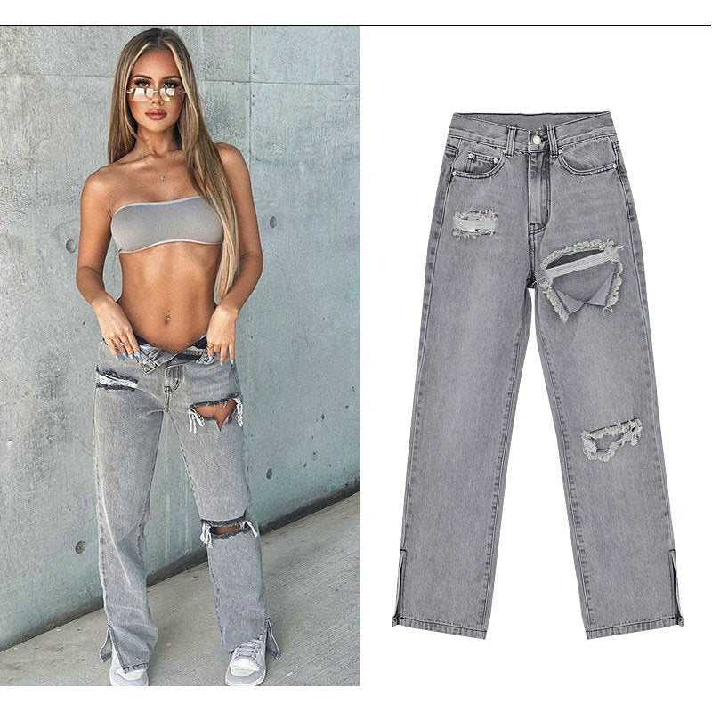 Damen lässige Ripped Jeans mit hoher Taille und modernen Fransen Heidi-Mode