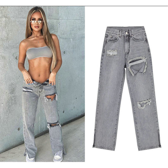 Damen lässige Ripped Jeans mit hoher Taille und modernen Fransen Heidi-Mode