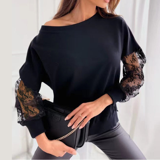 Damen eleganter Pullover mit transparenten Spitzenärmeln und asymmetrischem Ausschnitt Heidi-Mode