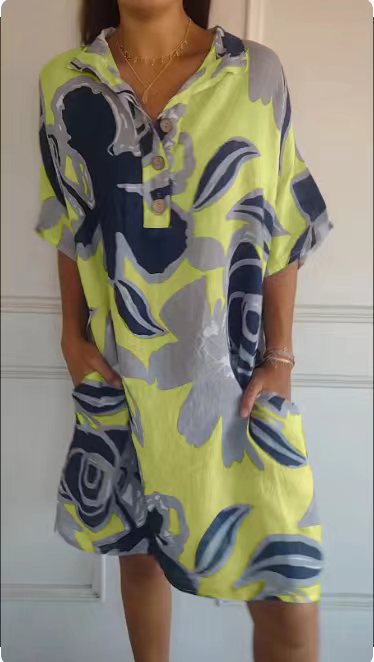 Damen luftiges Strandkleid mit modischem Muster und seitlichen Taschen Heidi-Mode