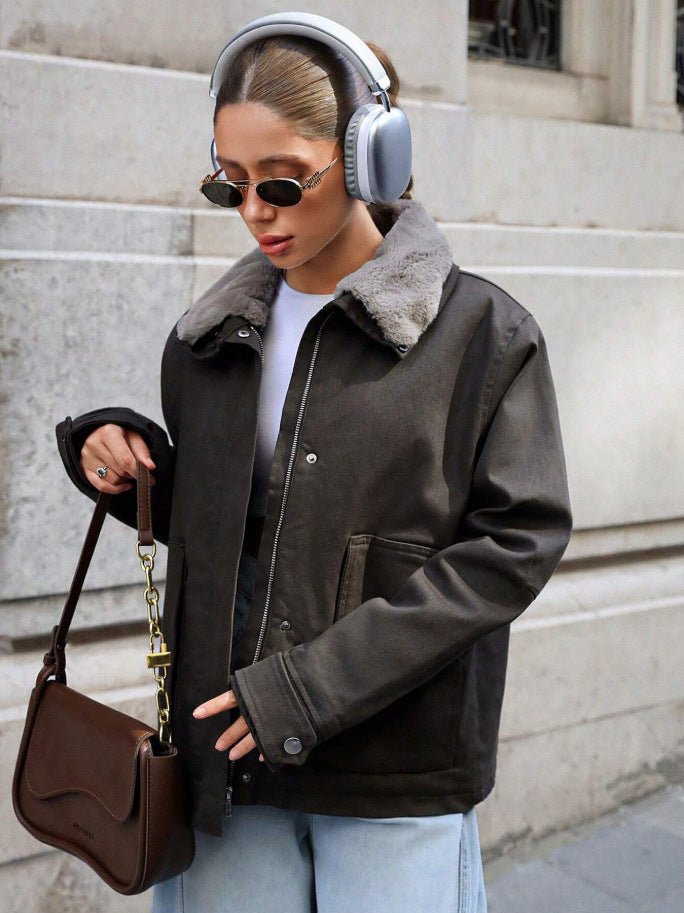 Damen lässige Übergangsjacke mit Kunstfellkragen und praktischen Taschen Heidi-Mode