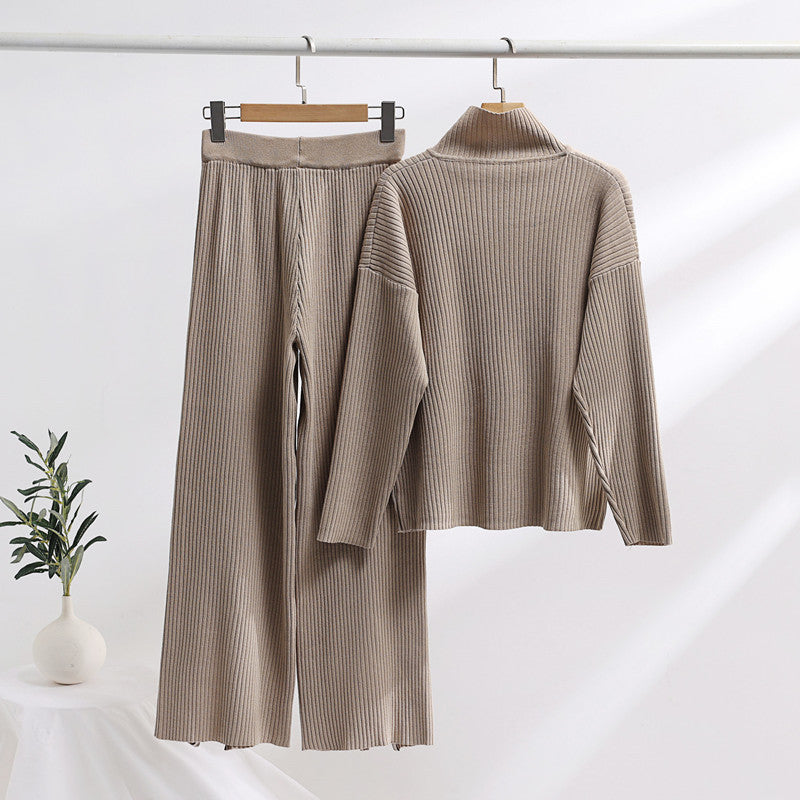 Damen lässiges Strickensemble mit hohem Kragen und seitlichen Schlitzen Heidi-Mode