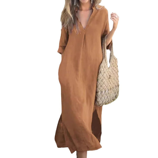 Damen Maxi-Kleid mit V-Ausschnitt und lässigem Schnitt Heidi-Mode
