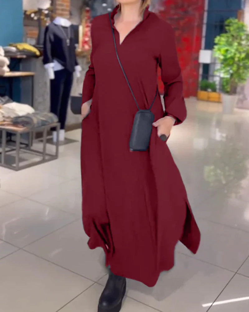 Damen Maxikleid mit praktischen Seitentaschen und modernem Hemdblusenkragen Heidi-Mode