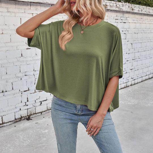 Damen lässiges cropped Oberteil mit weiten Ärmeln und Rundhalsausschnitt Heidi-Mode