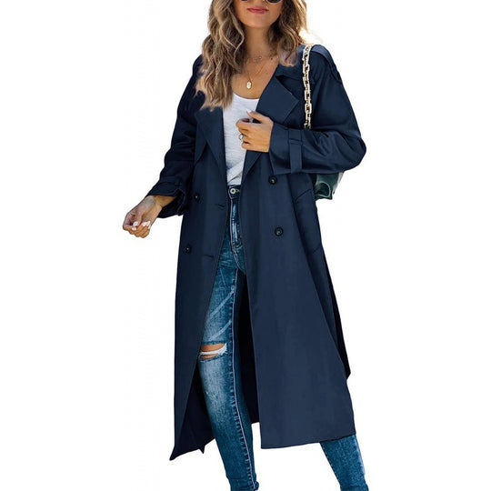 Damen eleganter Trenchcoat mit doppelt Reihe Knopfverschluss und Taillengürtel Heidi-Mode