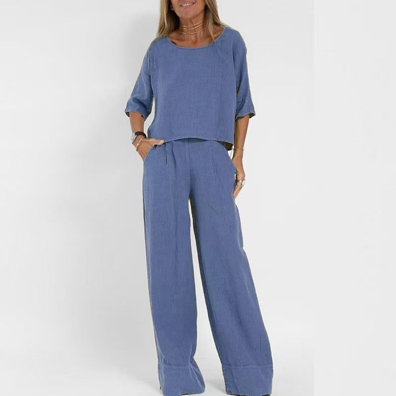 Damen luftiges Leinen-Ensemble mit weitem Schnitt und praktischen Taschen Heidi-Mode