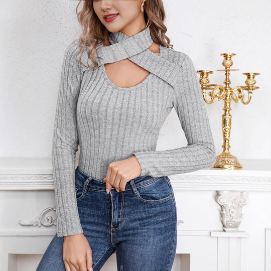 Damen Pulli mit kreativem Schnitt und Rippenstruktur Heidi-Mode