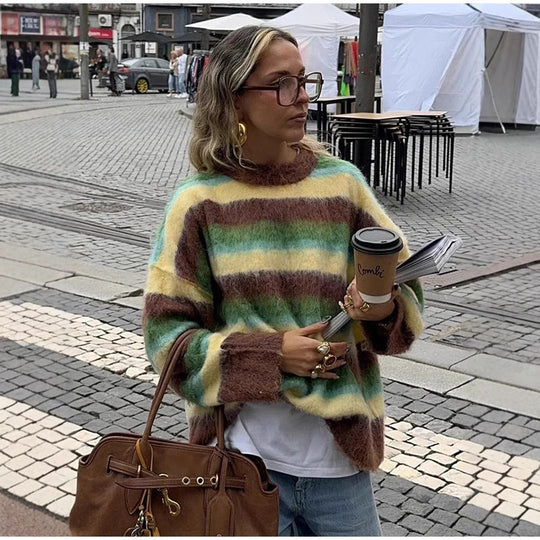 Damen Oversized Strickpullover mit farbenfrohen Streifen Heidi-Mode