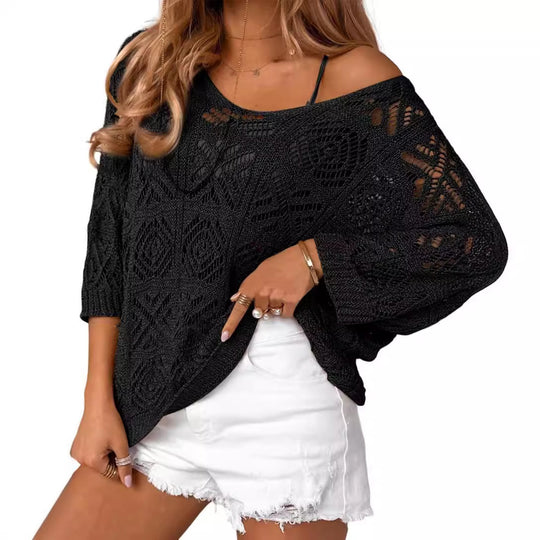 Damen Oversize Strickpullover mit Häkelstruktur Heidi-Mode